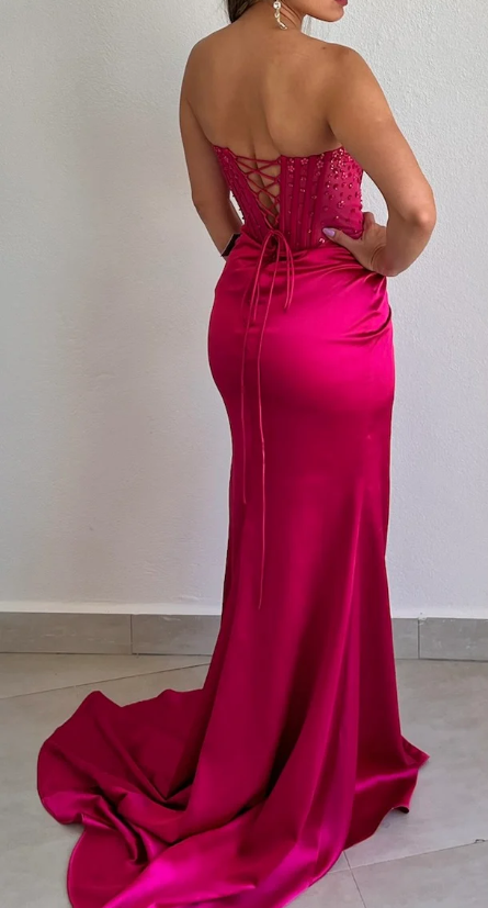Elegant Sheath Sweetheart Sequin Pink Satin Slit Prom Dress