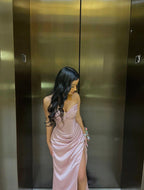Elegant Sheath Sweetheart Sequin Pink Satin Slit Prom Dress