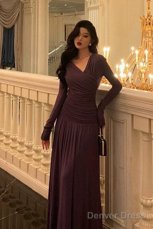 Elegant Sheath V Neckline Grape Long Prom Dresses Birthday Outfits Prom Gowns