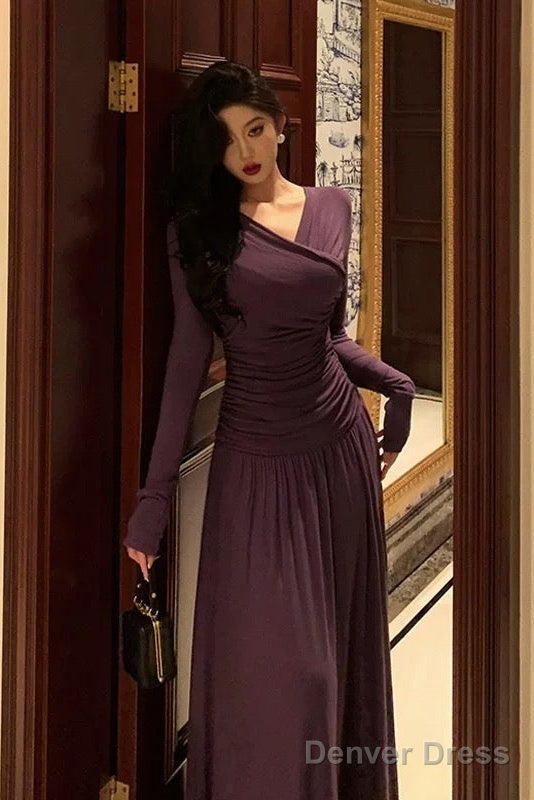 Elegant Sheath V Neckline Grape Long Prom Dresses Birthday Outfits Prom Gowns