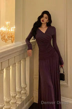 Elegant Sheath V Neckline Grape Long Prom Dresses Birthday Outfits Prom Gowns
