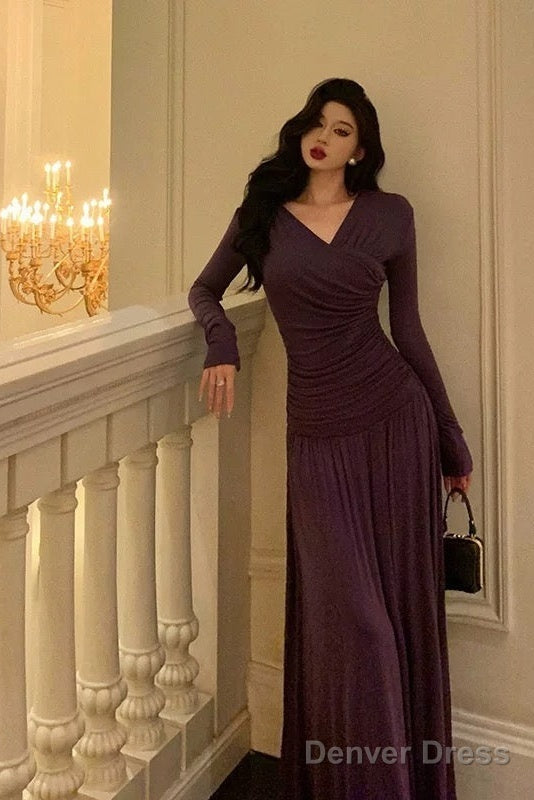 Elegant Sheath V Neckline Grape Long Prom Dresses Birthday Outfits Prom Gowns