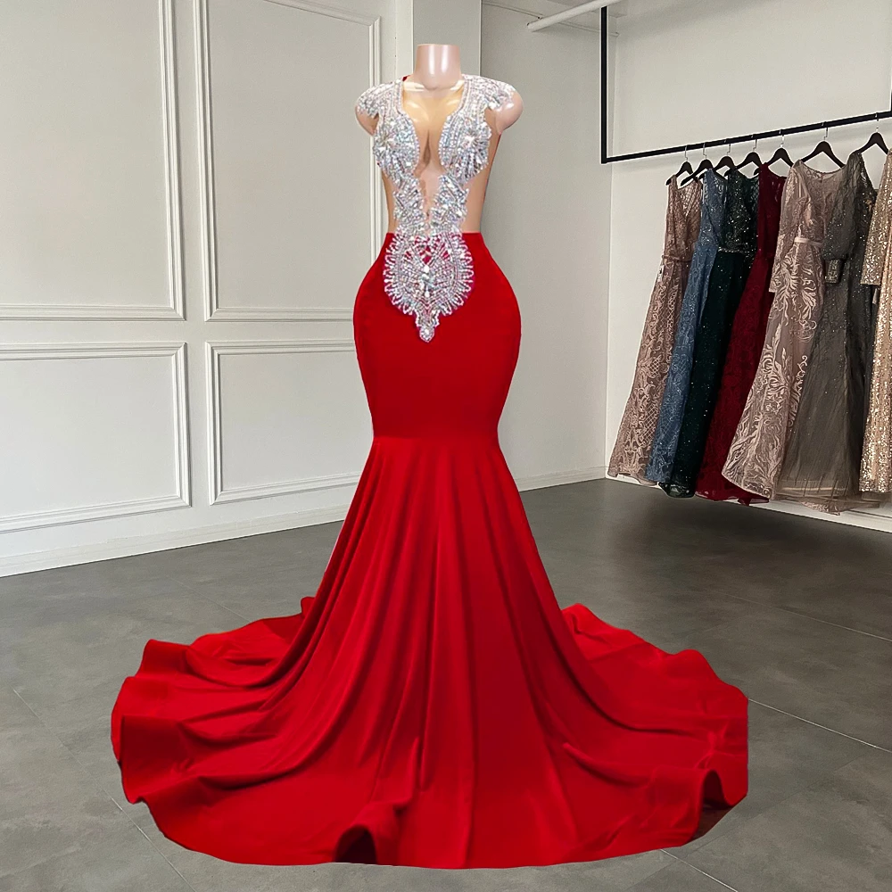 Elegant Sheer Scoop Neckline Luxury Sparkly Silver Handmade Diamond Red Spandex Black Girl Mermaid Long Prom Dresses Main image