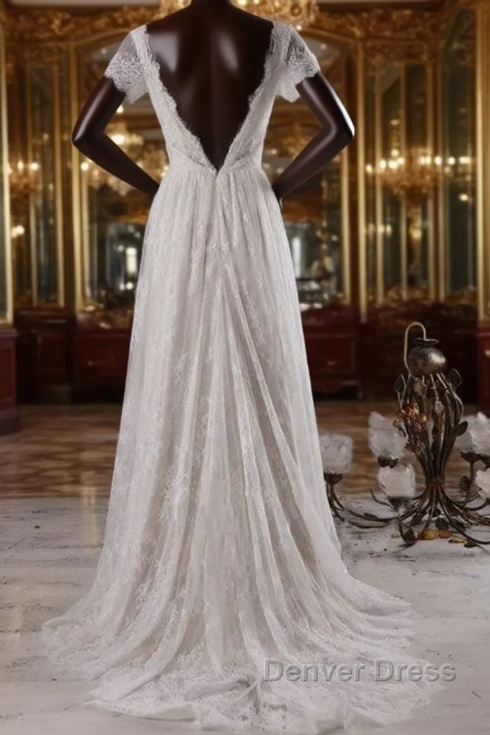 Elegant Short Sleeve A Line Lace Wedding Dresses
