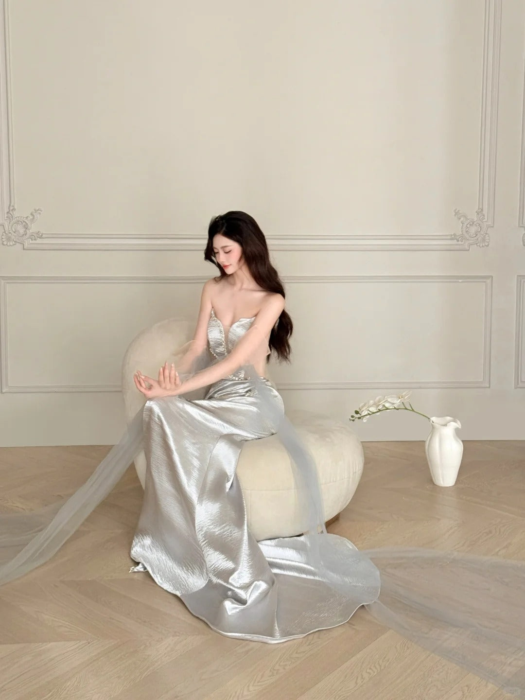 Elegant Silver-Grey Mermaid Strapless Satin Long Prom Dresses Evening Dresses