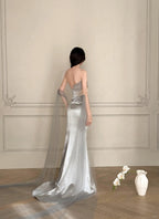 Elegant Silver-Grey Mermaid Strapless Satin Long Prom Dresses Evening Dresses