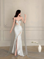 Elegant Silver-Grey Mermaid Strapless Satin Long Prom Dresses Evening Dresses