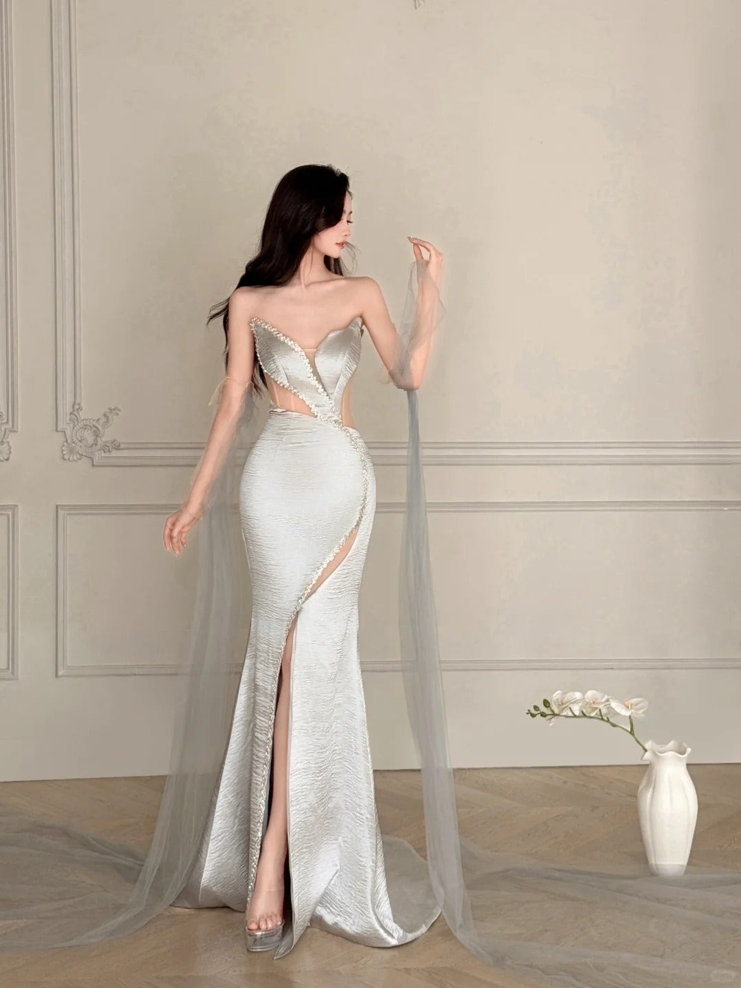 Elegant Silver-Grey Mermaid Strapless Satin Long Prom Dresses Evening Dresses