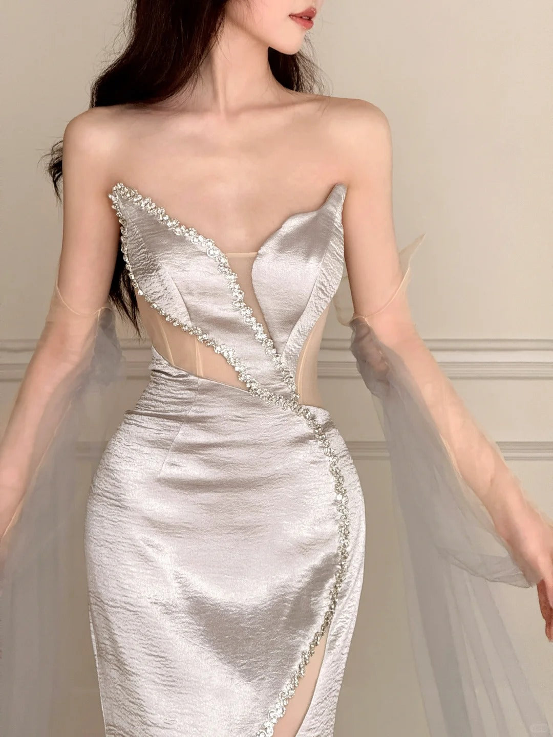 Elegant Silver-Grey Mermaid Strapless Satin Long Prom Dresses Evening Dresses