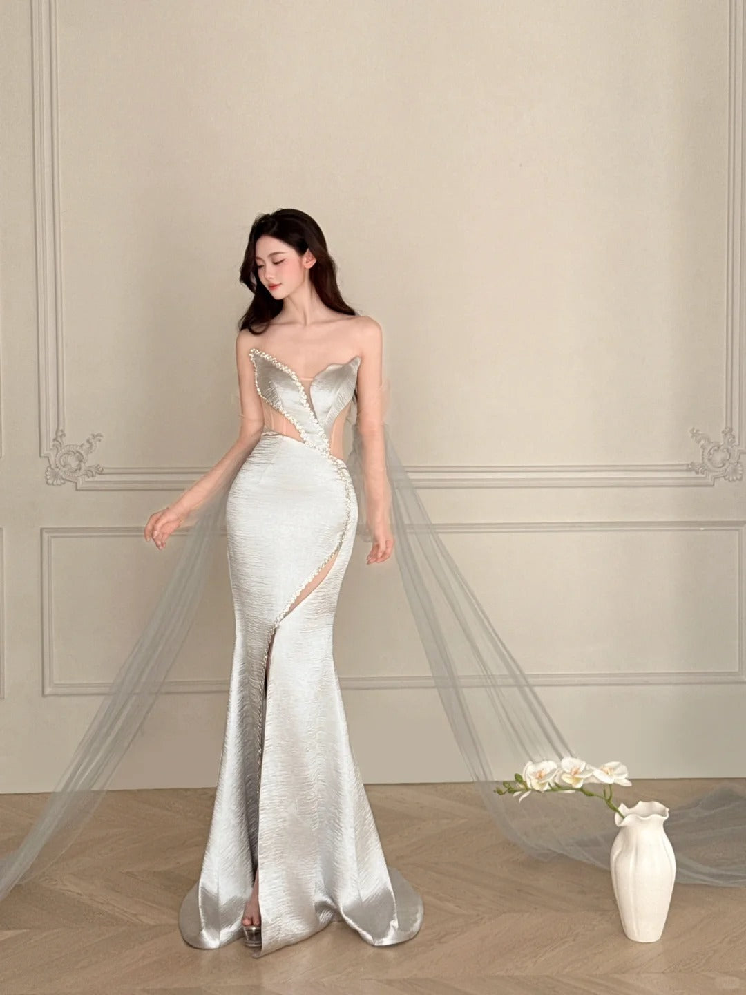 Elegant Silver-Grey Mermaid Strapless Satin Long Prom Dresses Evening Dresses