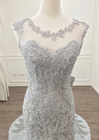 Elegant Silver Lace Bow Back Mermaid Prom Gowns Dresses