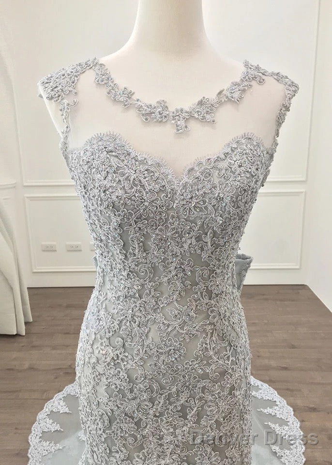 Elegant Silver Lace Bow Back Mermaid Prom Gowns Dresses