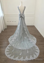 Elegant Silver Lace Bow Back Mermaid Prom Gowns Dresses