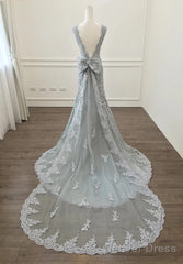 Elegant Silver Lace Bow Back Mermaid Evening Gown Dresses