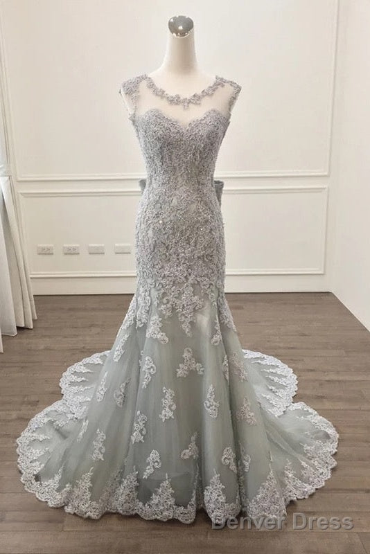 Elegant Silver Lace Bow Back Mermaid Prom Gowns Dresses