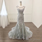 Elegant Silver Lace Bow Back Mermaid Prom Gowns Dresses