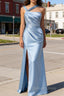 Elegant Sky Blue Sheath Pleated Satin Long Bridesmaid Dresses With Slit