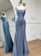 Elegant Slate Blue Spaghetti Strap Mermaid Ruched Slit Satin Long Prom Dresses Evening Dresses