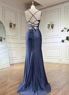 Elegant Slate Blue Spaghetti Strap Mermaid Ruched Slit Satin Long Prom Dresses Evening Dresses