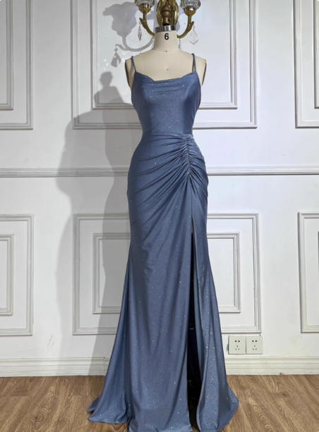 Elegant Slate Blue Spaghetti Strap Mermaid Ruched Slit Satin Long Prom Dresses Evening Dresses