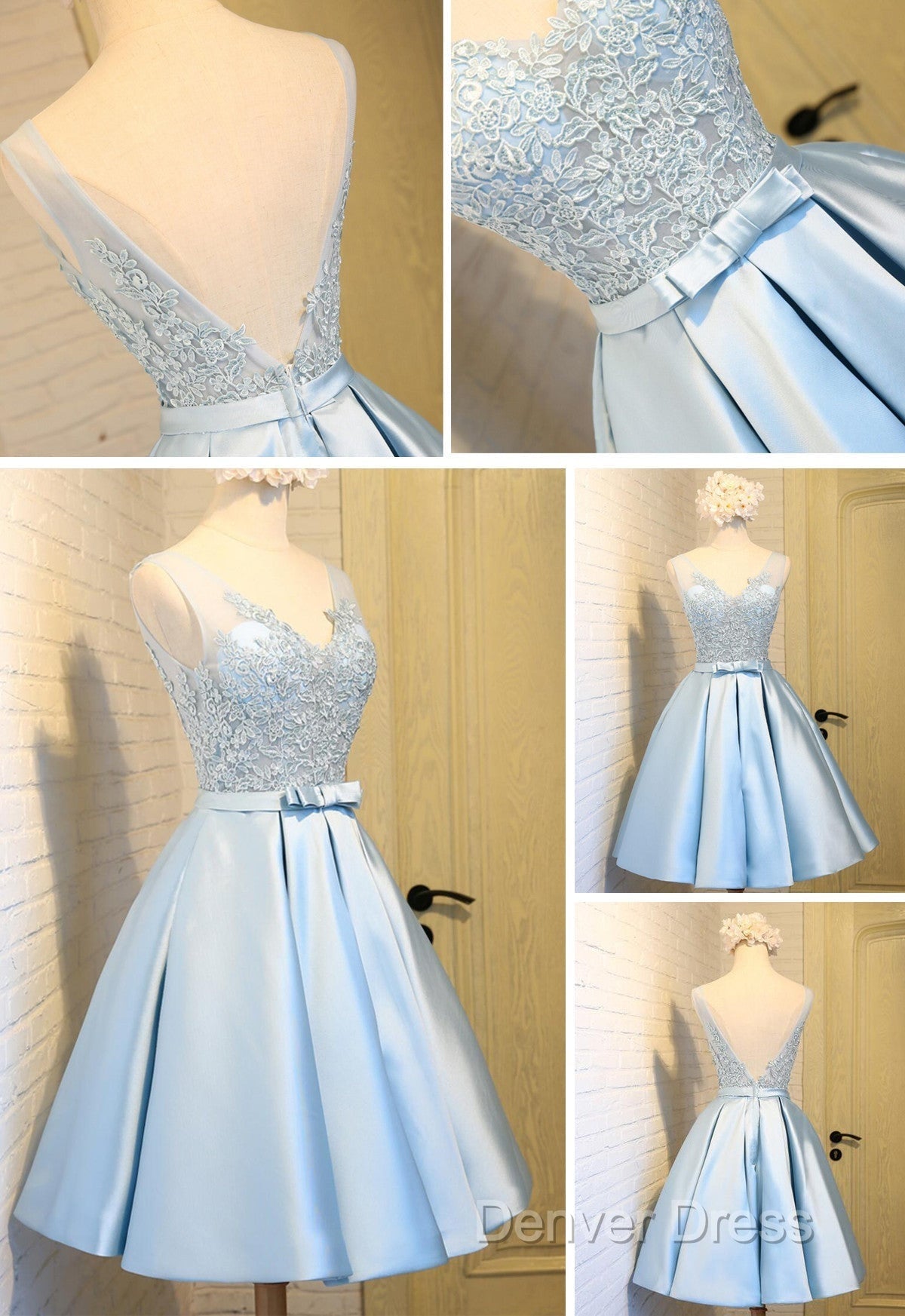 Elegant Sleeveless Deep V Back Appliques Clairvoyant Outfit Satin Skirt Tea Length Homecoming Dresses