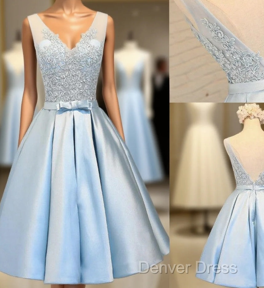 Elegant Sleeveless  Deep V Back  Appliques Clairvoyant Outfit Satin Skirt Tea Length Homecoming Dresses Main image