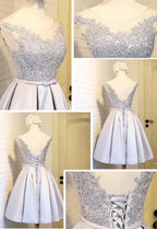 Elegant Sleeveless Lace Up Back Appliques Clairvoyant Outfit Satin Skirt Tea Length Homecoming Dresses