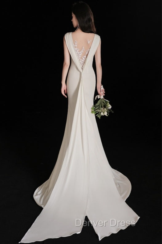 Elegant Sleeveless Mermaid Satin Simple Train Dress Wedding Dresses With Lace Open Back Secondary image