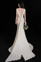Elegant Sleeveless Mermaid Satin Simple Train Dress Wedding Dresses With Lace Open Back