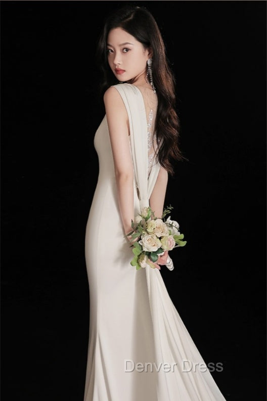 Elegant Sleeveless Mermaid Satin Simple Train Dress Wedding Dresses With Lace Open Back