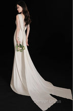 Elegant Sleeveless Mermaid Satin Simple Train Dress Wedding Dresses With Lace Open Back
