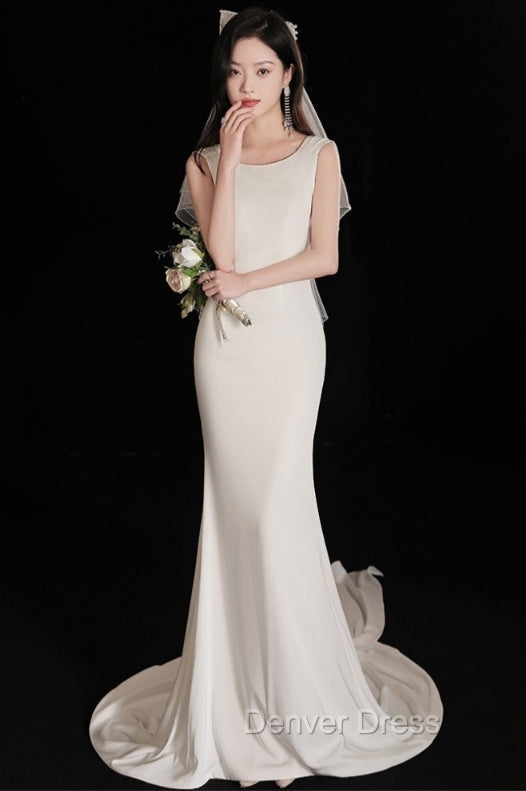 Elegant Sleeveless Mermaid Satin Simple Train Dresses Wedding Dresses With Lace Open Back
