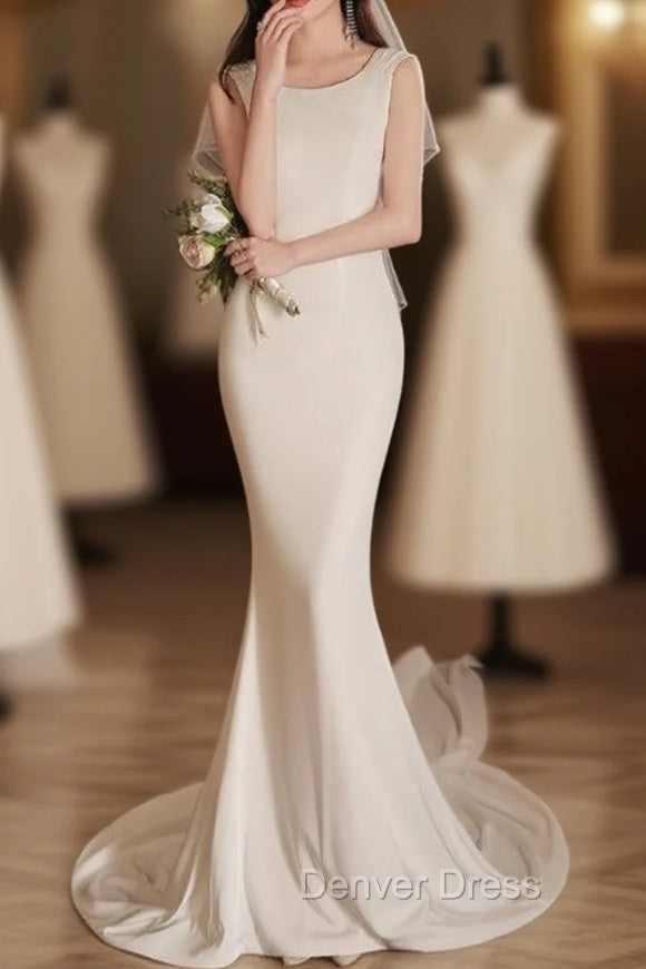 Elegant Sleeveless Mermaid Satin Simple Train Dresses Wedding Dresses With Lace Open Back