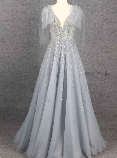 Elegant Smoky Blue Deep V Sequin Tulle Long Prom Dresses Evening Dresses Bridesmaid Dresses