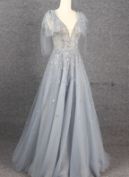 Elegant Smoky Blue Deep V Sequin Tulle Long Prom Dresses Evening Dresses Bridesmaid Dresses