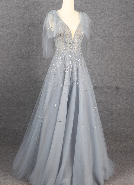 Elegant Smoky Blue Deep V Sequin Tulle Long Prom Dresses Evening Dresses Bridesmaid Dresses