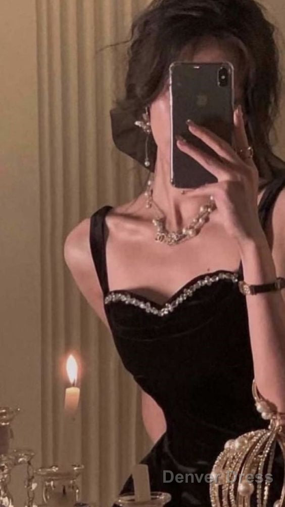 Elegant Spaghetti Strap Velvet Vintage Black Dresses Women Birthday Outfits