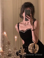 Elegant Spaghetti Strap Velvet Vintage Black Dresses Women Birthday Outfits