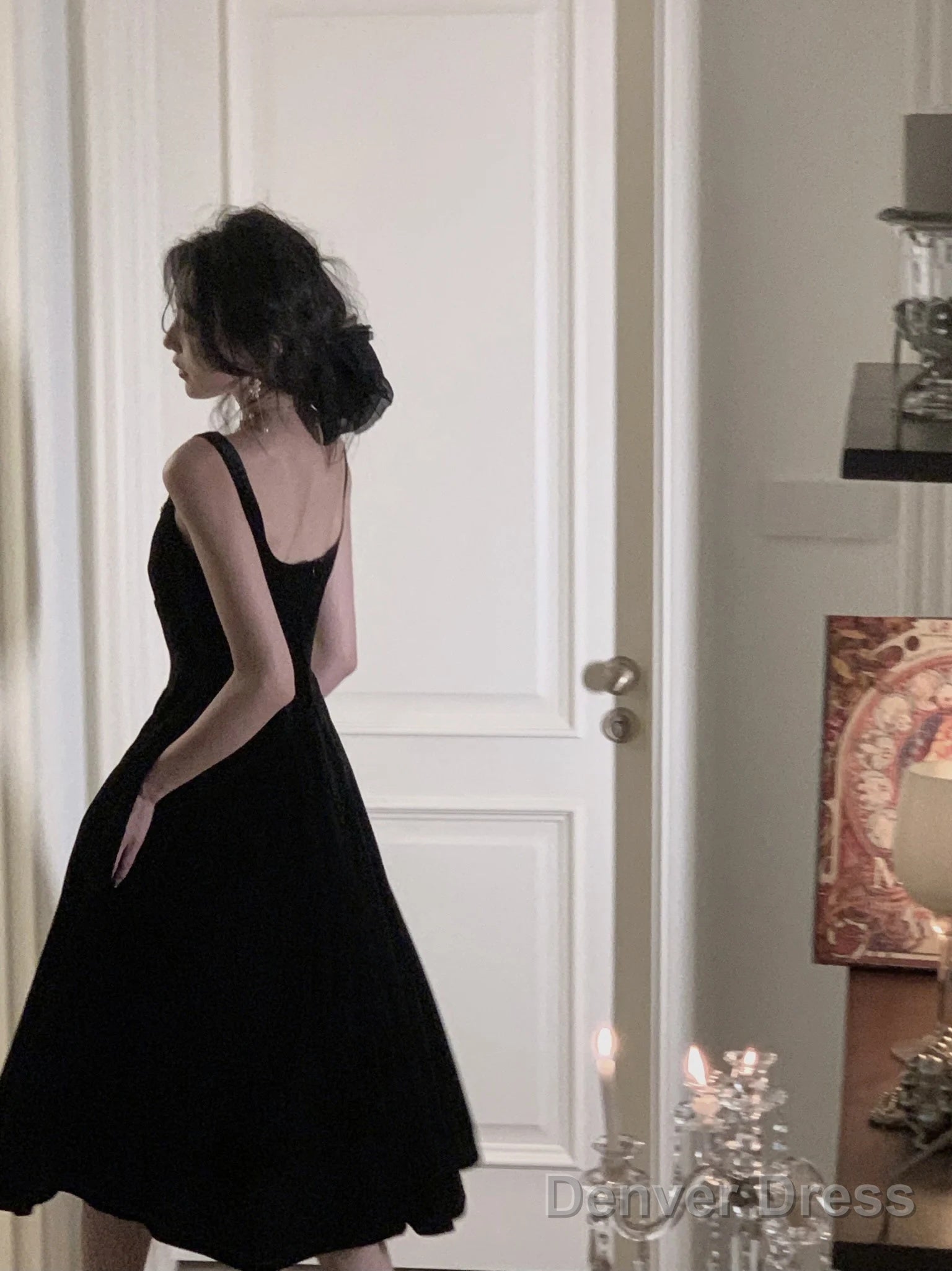 Elegant Spaghetti Strap Velvet Vintage Black Dress Women Birthday Outfits