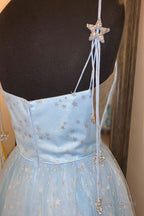 Elegant Spaghetti Straps A Line Light Sky Blue Tulle Prom Dresses