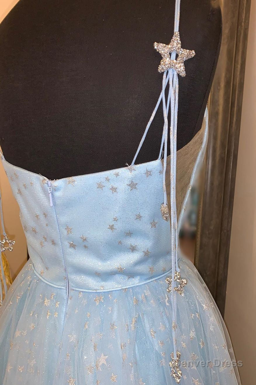 Elegant Spaghetti Straps A Line Light Sky Blue Tulle Prom Dresses