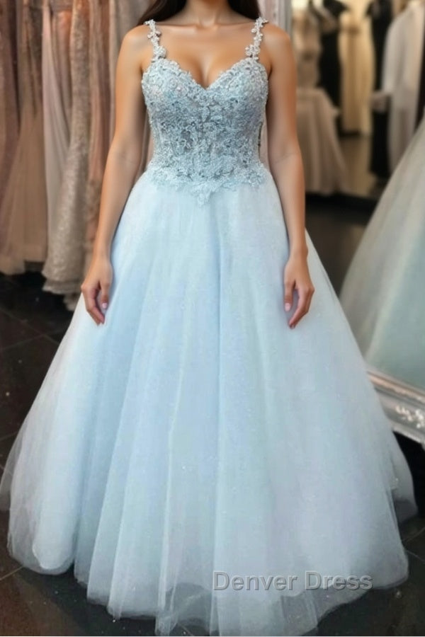 Elegant Spaghetti Straps Backless Long Blue Lace Prom Dress, Backless Blue Lace Prom Graduation Prom Dresses
