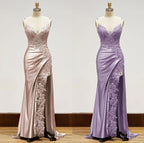 Elegant Black Spaghetti Straps Prom Dress Satin Sheath Long Prom Dresses With Slits