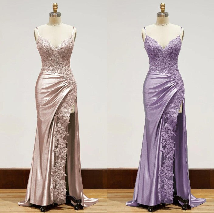 Elegant Black Spaghetti Straps Prom Dress Satin Sheath Long Prom Dresses With Slits