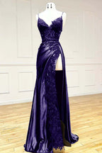 Elegant Black Spaghetti Straps Prom Dress Satin Sheath Long Prom Dresses With Slits