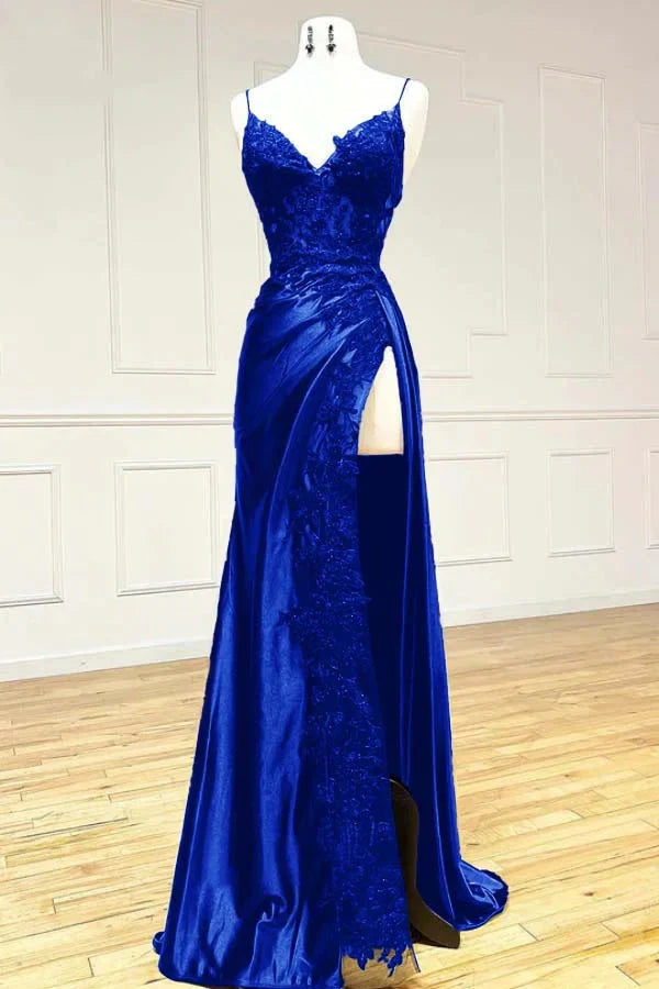 Elegant Black Spaghetti Straps Prom Dress Satin Sheath Long Prom Dresses With Slits