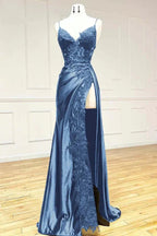 Elegant Black Spaghetti Straps Prom Dress Satin Sheath Long Prom Dresses With Slits