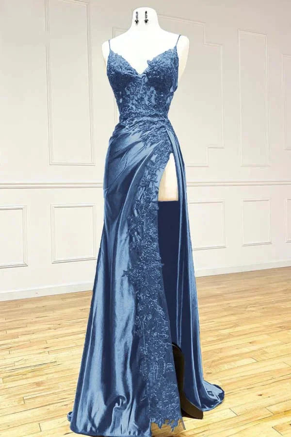 Elegant Black Spaghetti Straps Prom Dress Satin Sheath Long Prom Dresses With Slits