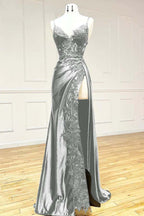 Elegant Black Spaghetti Straps Prom Dress Satin Sheath Long Prom Dresses With Slits