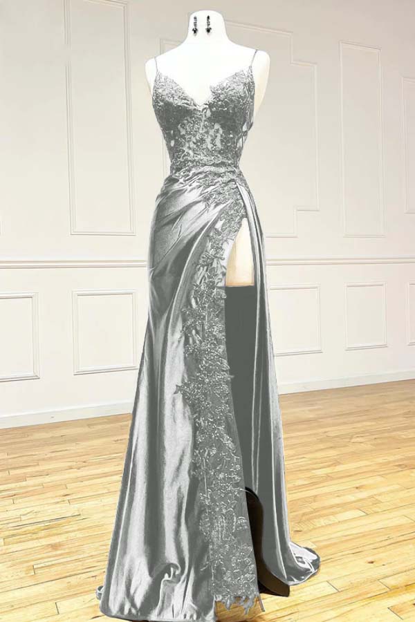 Elegant Black Spaghetti Straps Prom Dress Satin Sheath Long Prom Dresses With Slits